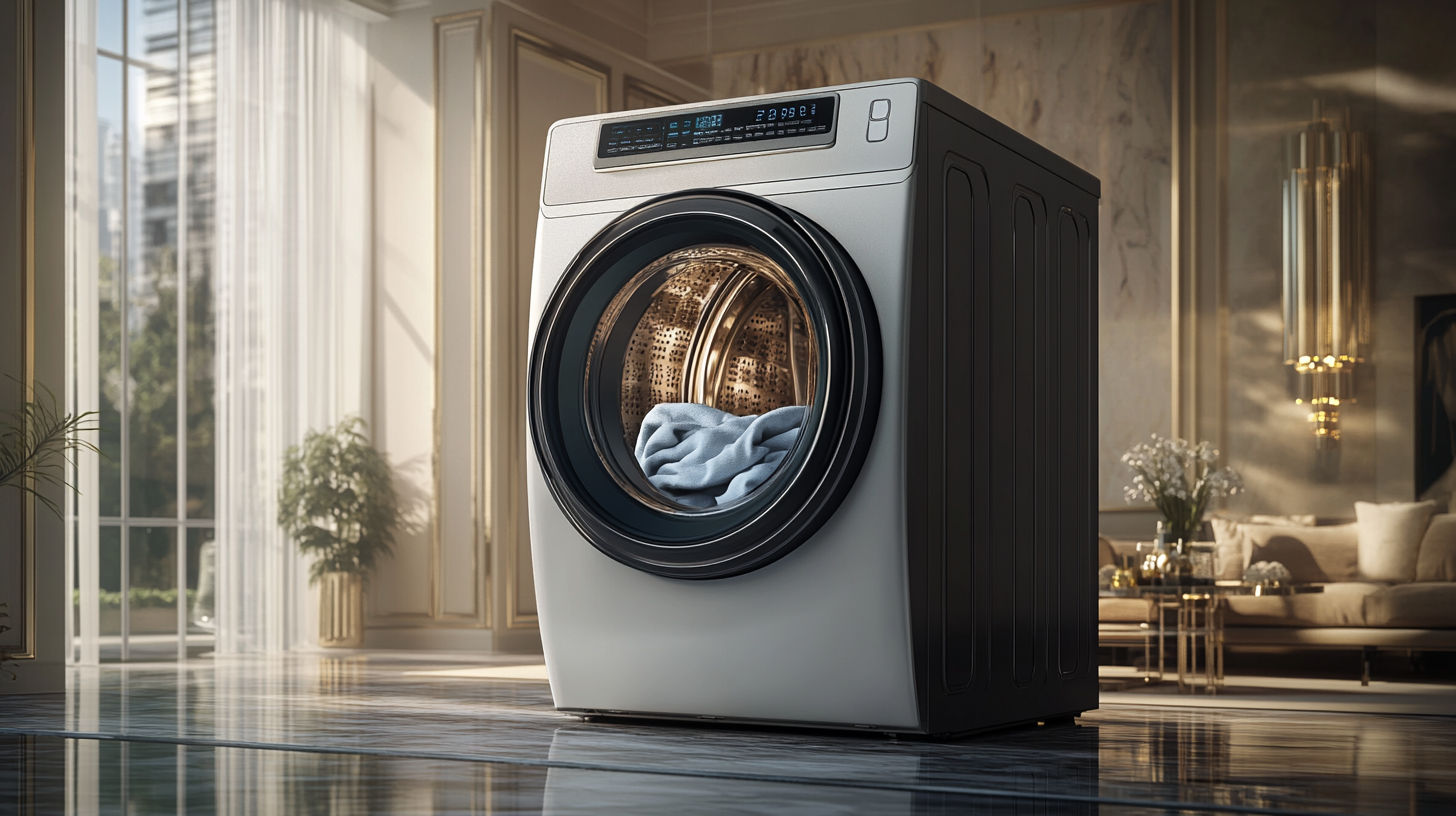 고급스러운 인테리어 배경에서 실내에서 사용 중인 삼성 올인원 세탁기 WF9000T의 내부 구조가 돋보이는 장면을 보여주는 사진