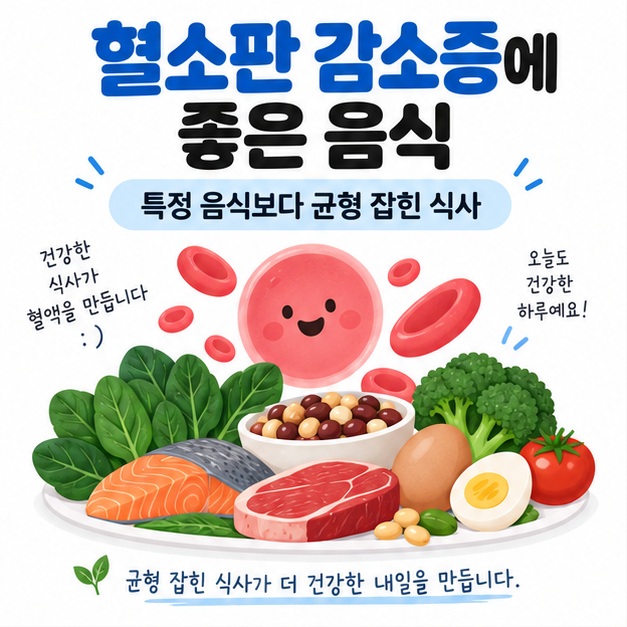 혈소판 감소증에 좋은 음식을 시금치 콩 생선 달걀 살코기와 혈소판 아이콘으로 표현한 카드뉴스