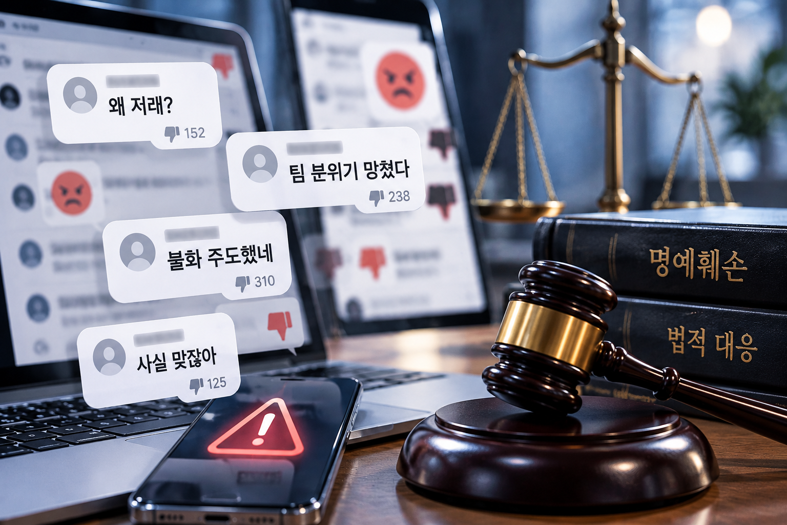 온라인 악성 댓글과 허위사실 유포에 대한 명예훼손 및 법적 대응을 표현한 AI 생성 이미지