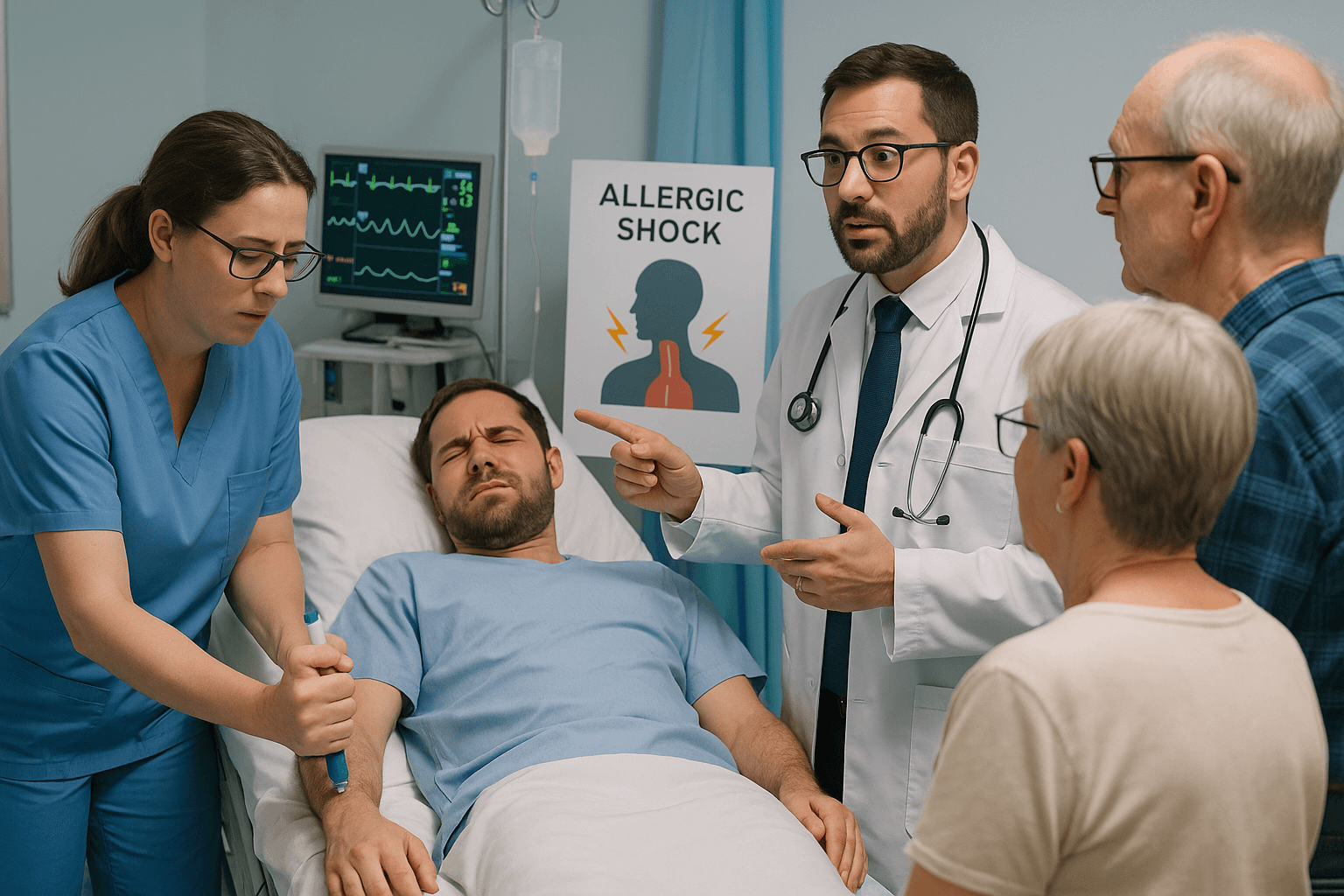 아나필락시스 환자에게 에피펜을 투여하는 의료진과 응급 대응 상황(출처**자체제작)