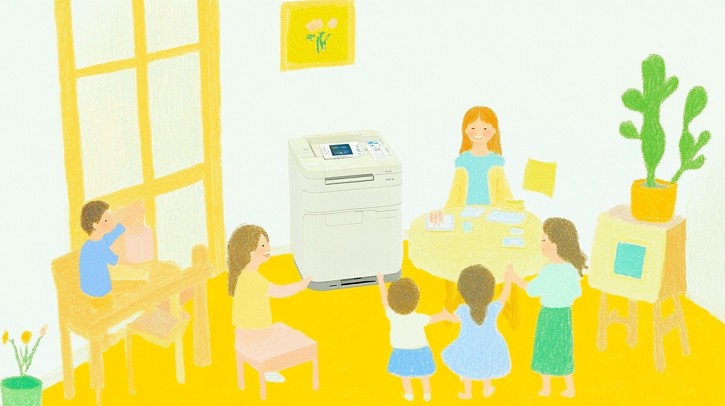 조용한 작동과 에너지 효율적 성능을 축하하는 행복한 가족이 삼성 WF2420HCEEC 세탁기 주변에 둘러앉은 상상 속 장면