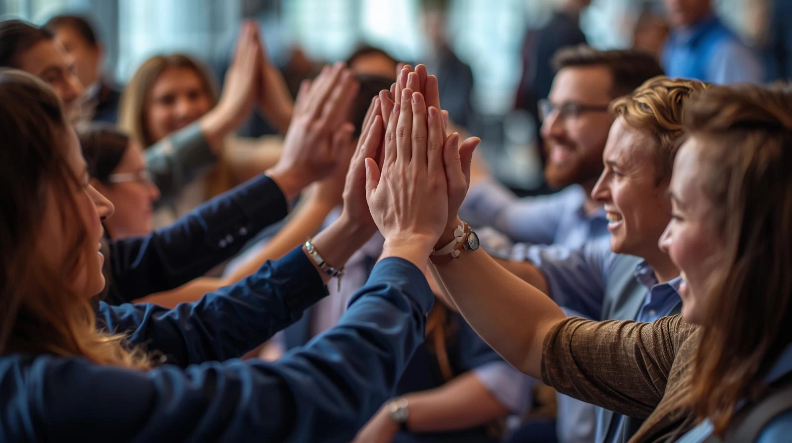 서로의 어깨를 토닥이며 격려하는 따뜻한 분위기의 팀워크 이미지
