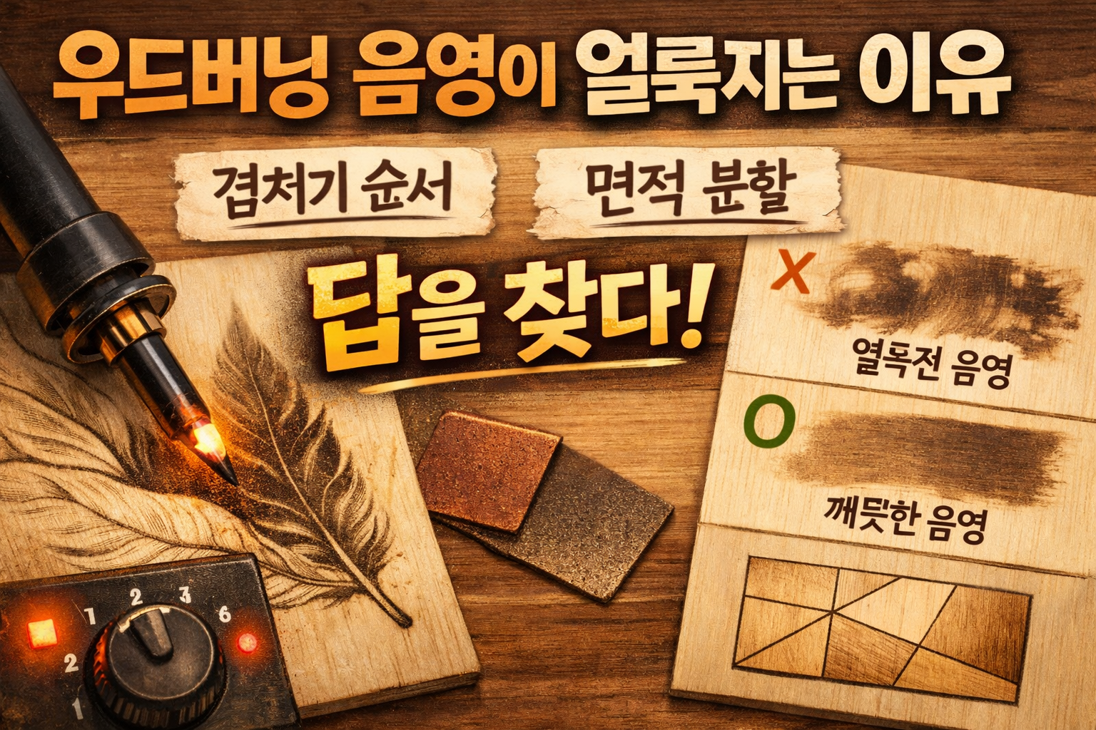 우드버닝 음영이 얼룩지는 이유, 겹치기 순서와 면적 분할에서 답을 찾다