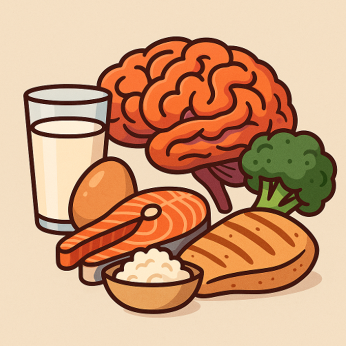 단백질 식품과 두뇌 이미지를 결합한 뇌 건강 상징 일러스트