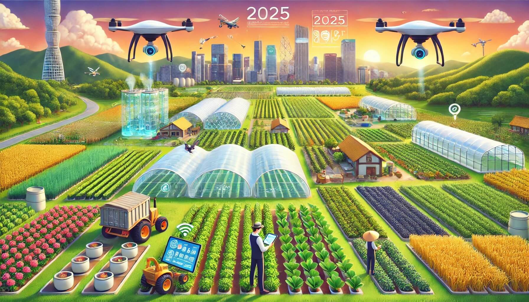 스마트팜 기술과 함께 쌀, 인삼, 블루베리 농장이 조화롭게 어우러진 모습