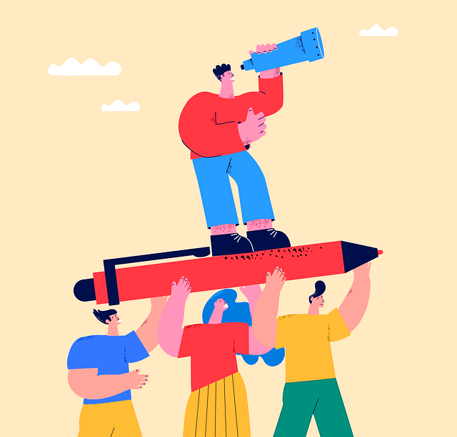 3명의 사람들이 큰 연필 모양의 기구를 들고있고, 그 위에 남자 한 명이 올라서서 망원경을 보고 있다.