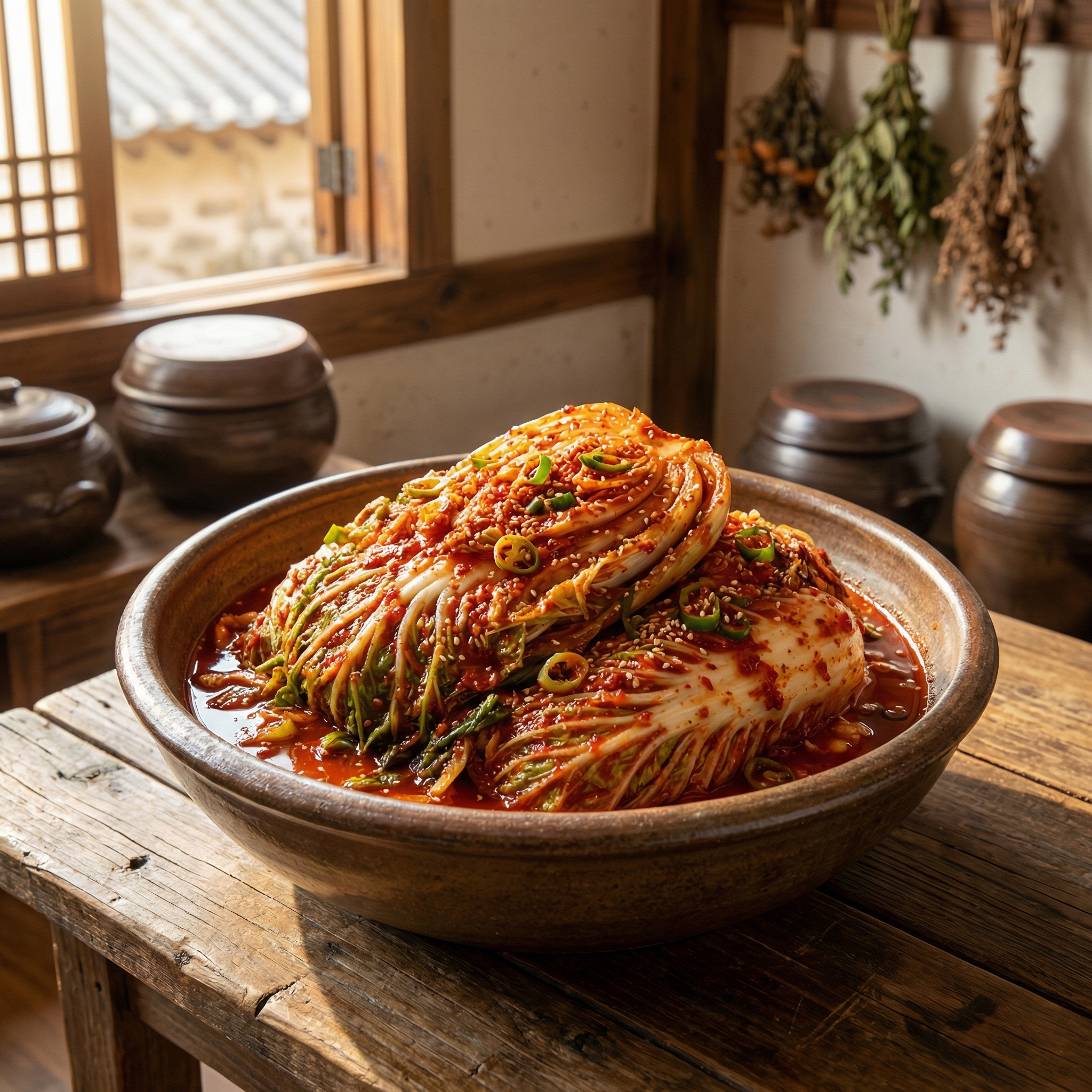 전통적인 질그릇에 담긴 전라도식 얼갈이겉절이김치. 선명하고 윤기 나는 붉은 양념이 얼갈이배추에 고루 버무려져 있으며, 그 위로 통깨와 실파가 듬뿍 뿌려져 먹음직스러운 모습.