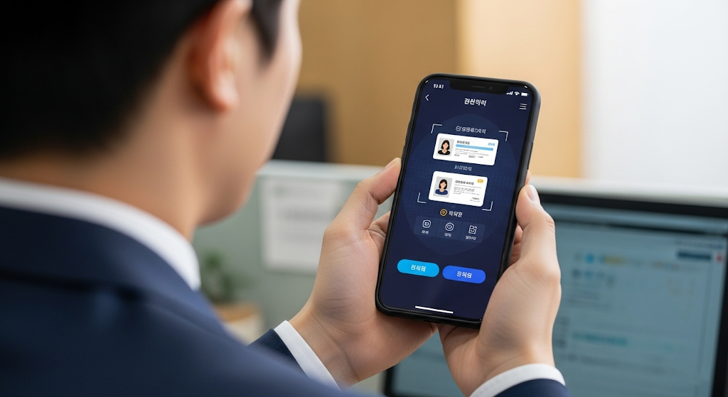 모바일 신분증 인증 화면을 열어놓은 스마트폰을 들고 있는 한국 직장인