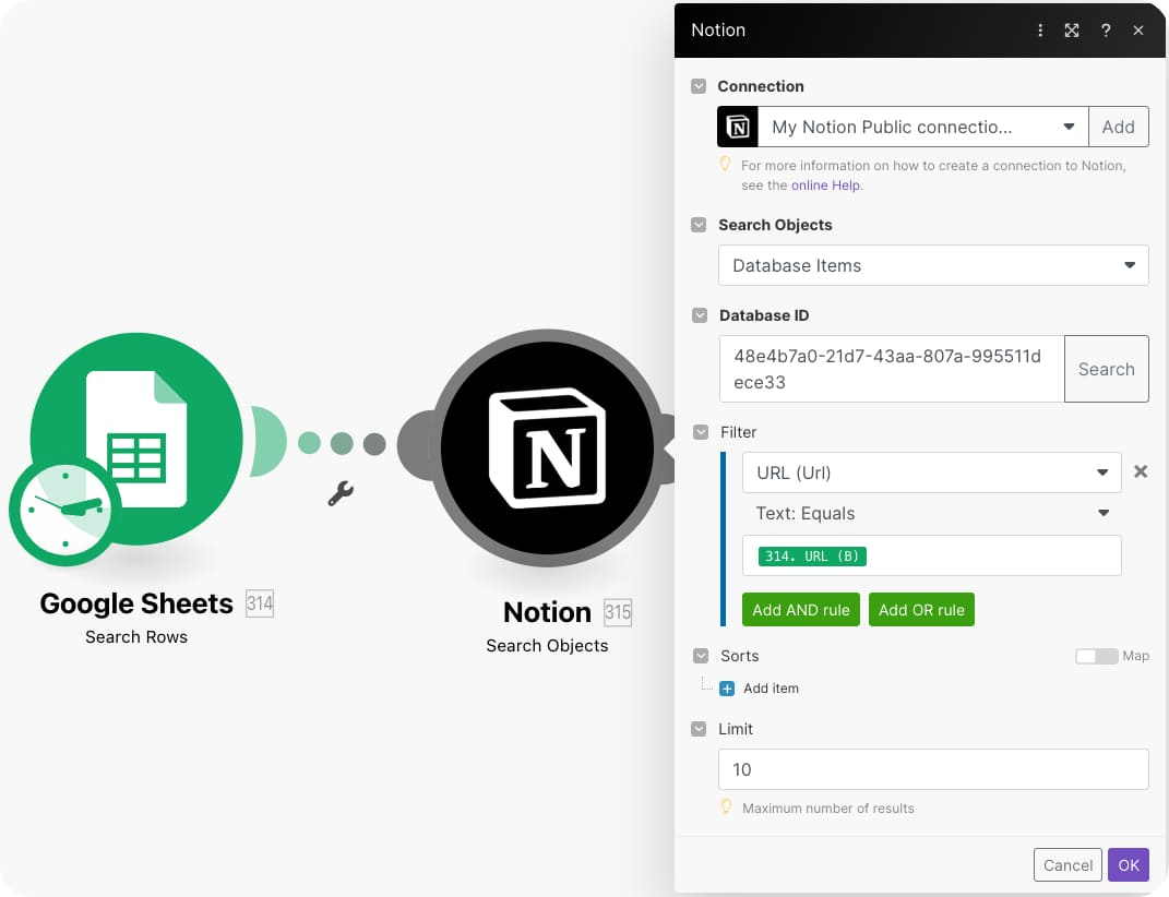 Make + Google Sheets + Notion