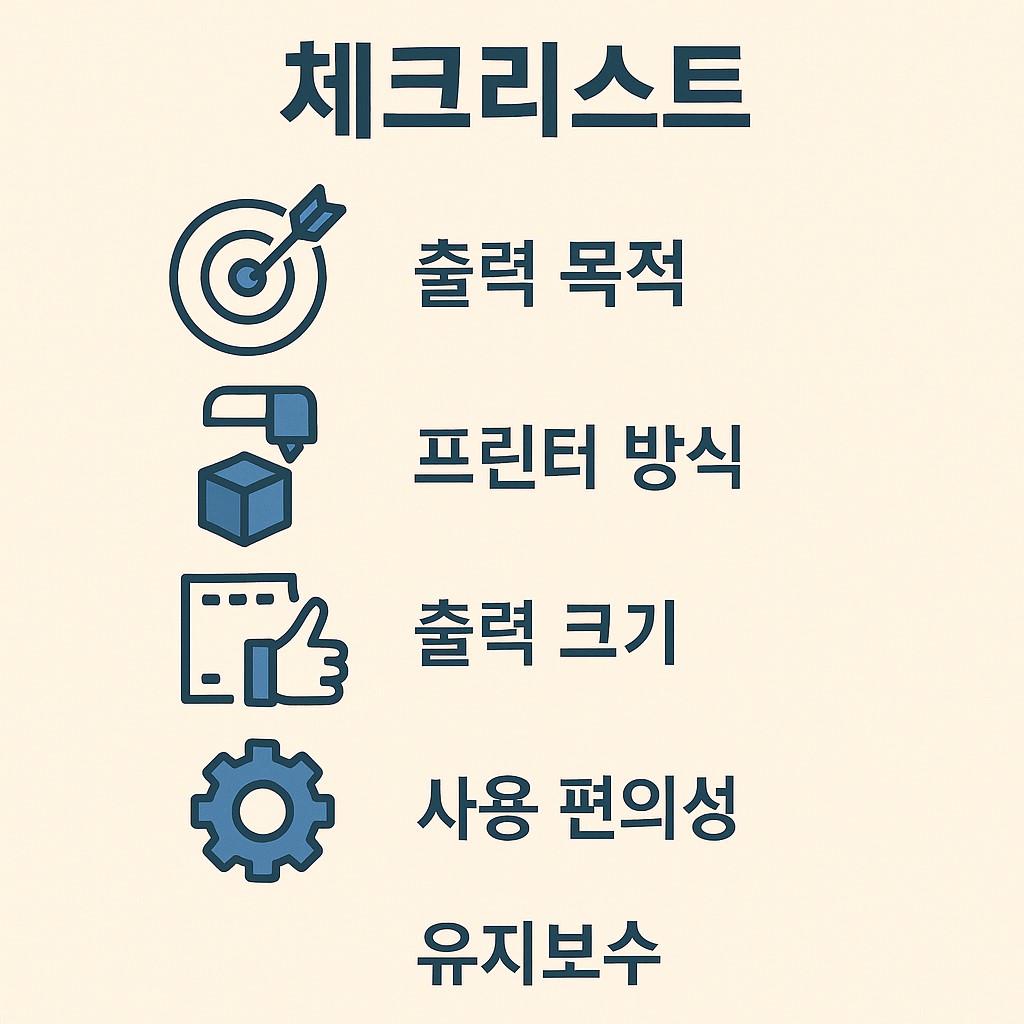 3D 프린터 구입 전 체크리스트 항목 5가지를 아이콘과 함께 시각적으로 정리한 요약 이미지