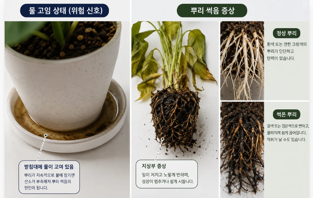 화분 받침대에 물이 고여 있는 모습과 뿌리 썩음 증상이 생긴 식물을 비교하는 모습