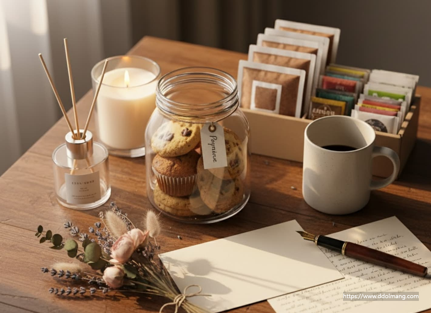 병에 담긴 수제쿠기와 드립커피 향초 디퓨저 그리고 손편지