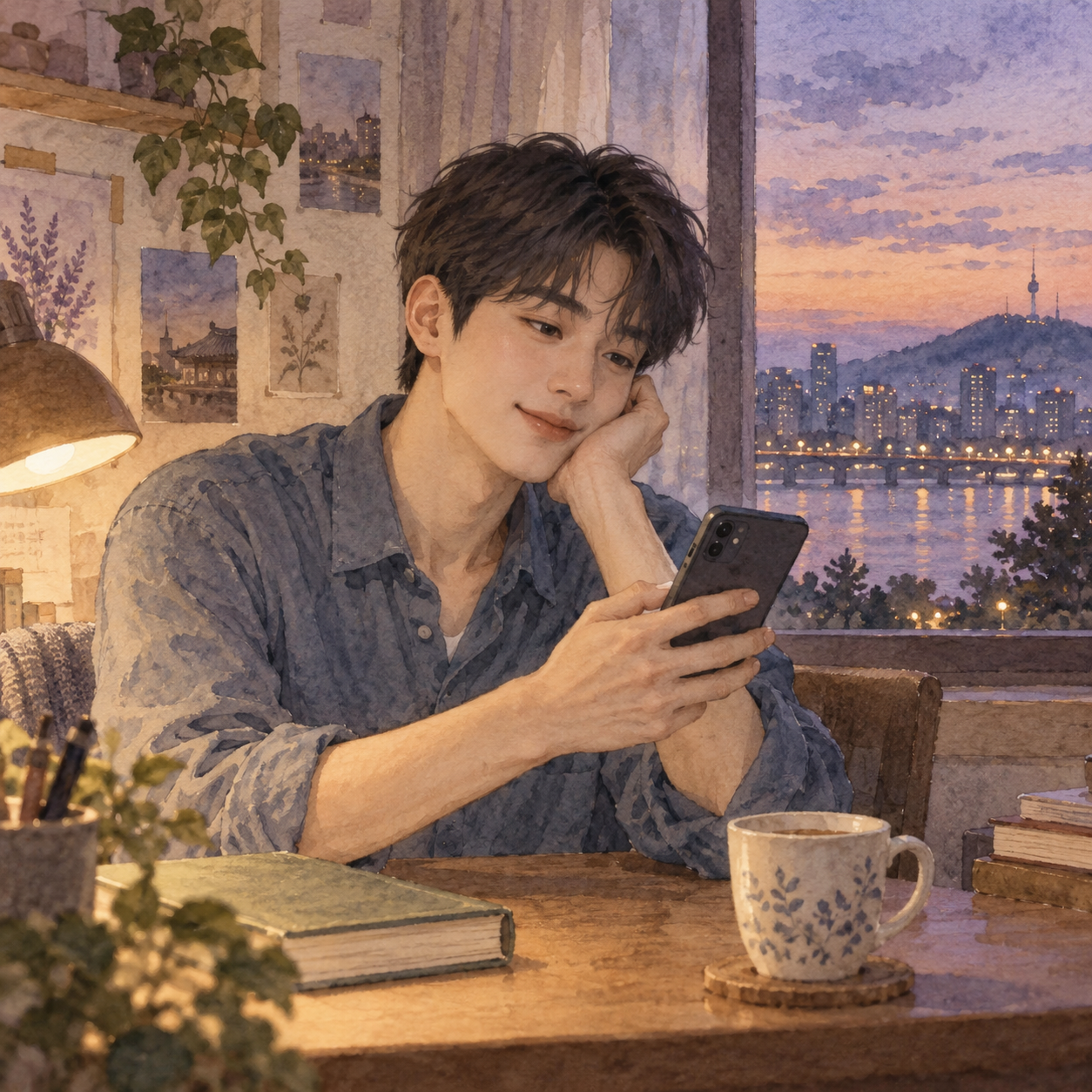 저녁 창가에서 휴대폰을 바라보며 대화를 떠올리는 민준