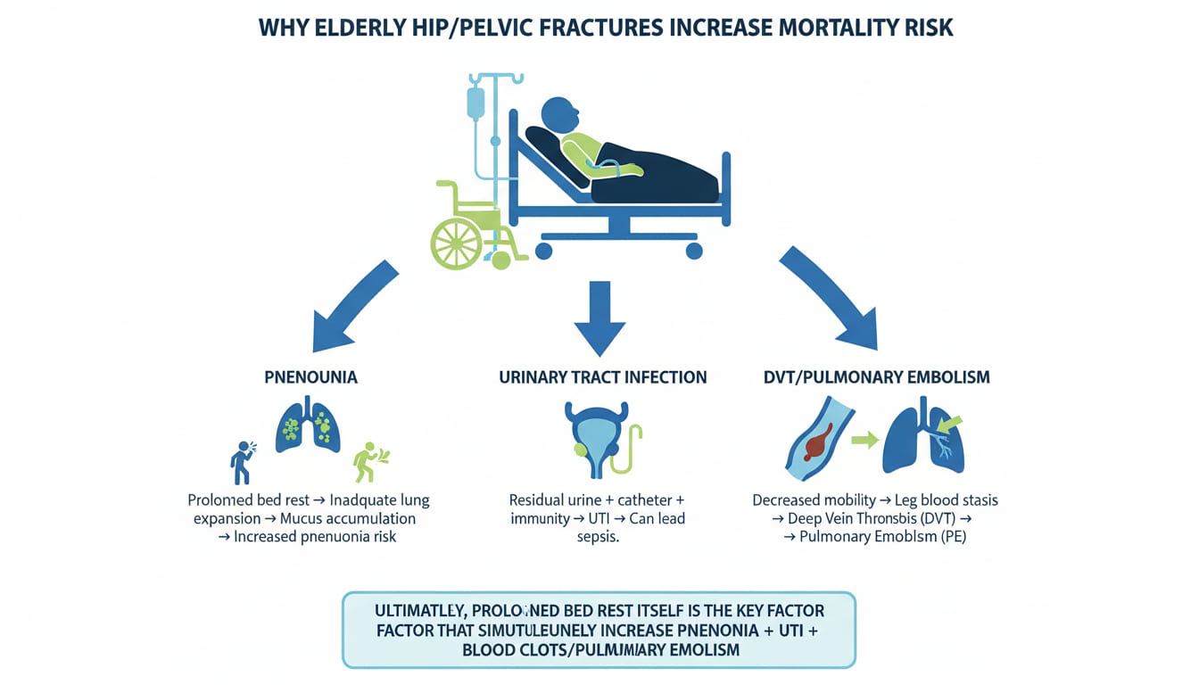 고령자의 대퇴골/골반 골절 → 장기 침상 생활 → 폐렴·요로감염·DVT/폐색전증으로 이어지는 과정