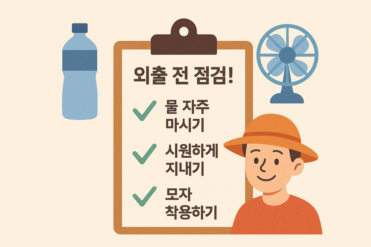 물, 선풍기, 모자 쓴 사람과 함께 외출 전 점검 체크리스트를 보여주는 여름철 예방 일러스트