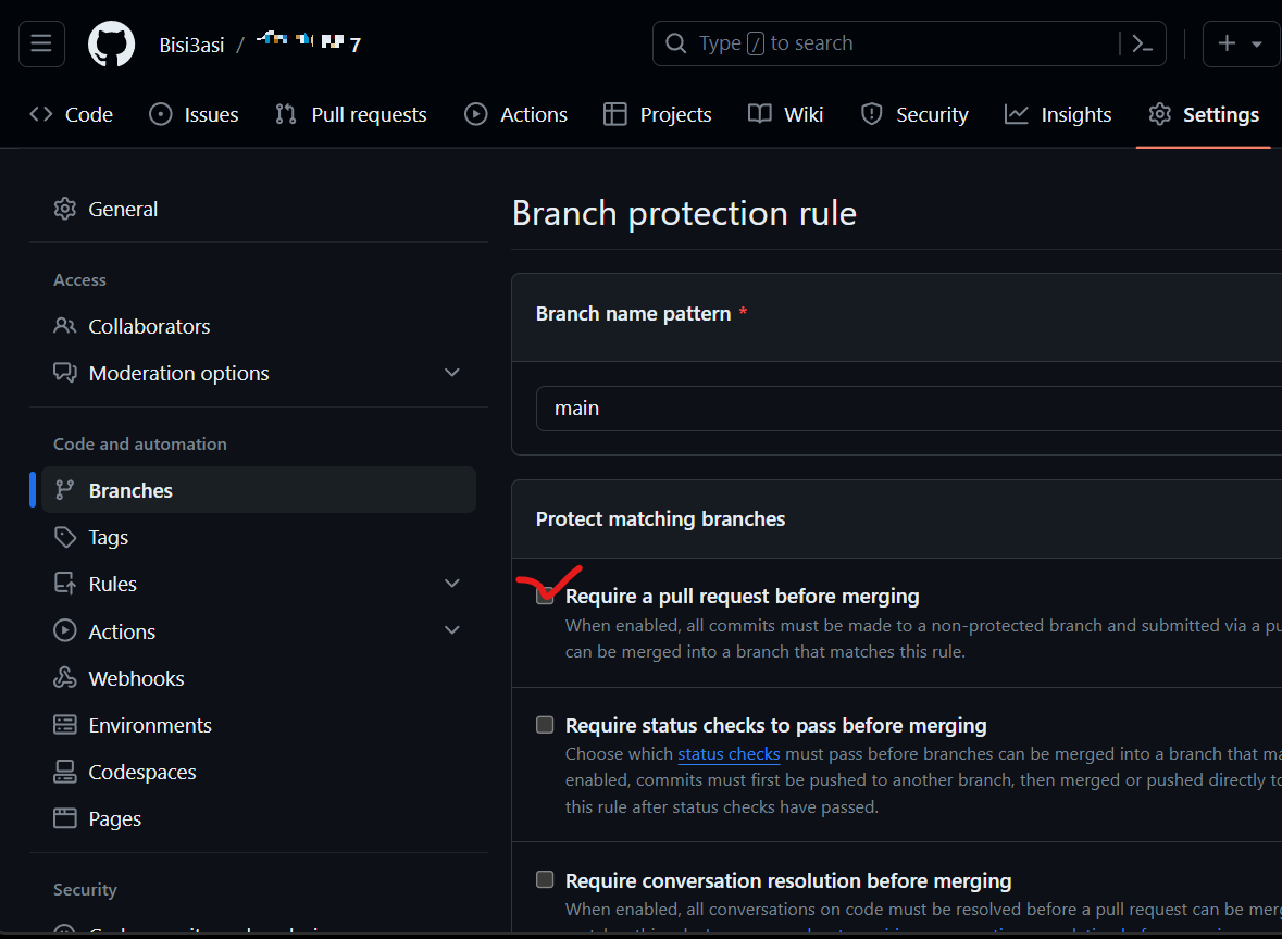Branch Protection rule 지정 화면