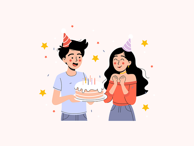 캔바사용법-캔바의 생일카드템플렛의 예시로 남자친구가 여자친구에게 케이크를 선물하는 이미지