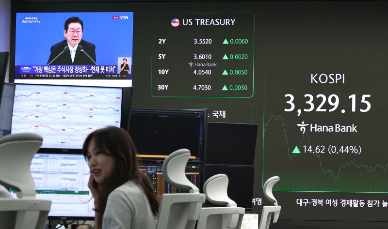 11일 서울 중구 하나은행 딜링룸 모니터에 이재명 대통령 정부 출범 100일 기자회견 뉴스가 중계되고 있다.