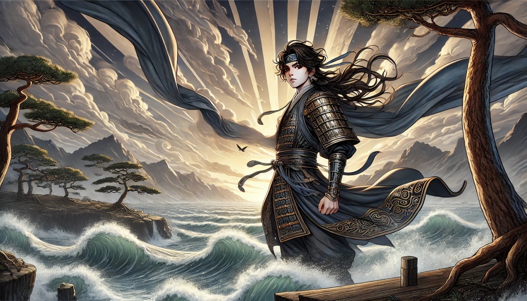 강화도 절벽 위에서 전설의 시작을 알리는 고구려 장군 연개소문, 바람에 휘날리는 망토와 함께 결연한 눈빛으로 서 있는 모습, 뒤로는 격랑 이는 바다와 운무 낀 하늘이 펼쳐진 영웅 탄생의 순간을 묘사한 애니메이션 스타일 일러스트