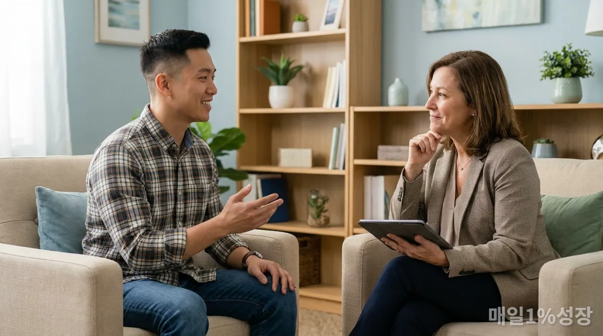 상담실에서 전문가와 대화하는 한국인 남성