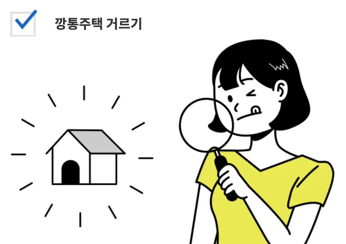 깡통전세-좌측상단 검은글씨 깡통주택 거르기 아래 회색일러즛 주택이미지 우측 돈보기를 든 여자가 집을 자세히 보는 일러스트이미지
