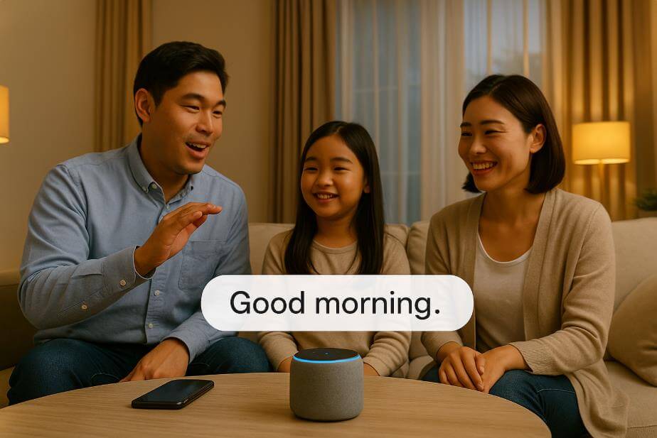 가족이 스마트 스피커에 인사하며 루틴 자동화를 실행하는 모습