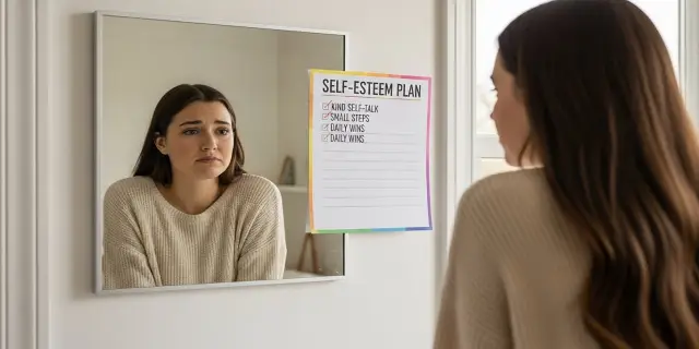 거울 속 자신을 불안한 표정으로 바라보며, 옆에 붙은 자존감 회복 계획표를 함께 보는 여성