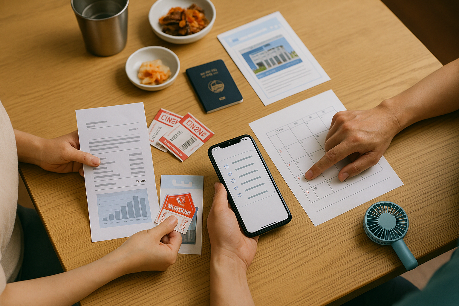 8월 지원금과 할인 혜택을 스마트폰과 서류로 확인하는 한국 가정의 모습