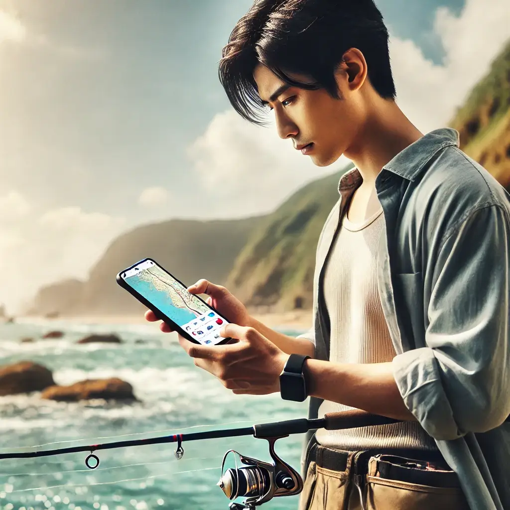 스마트폰으로 바다 낚시 포인트를 검색하는 모습
