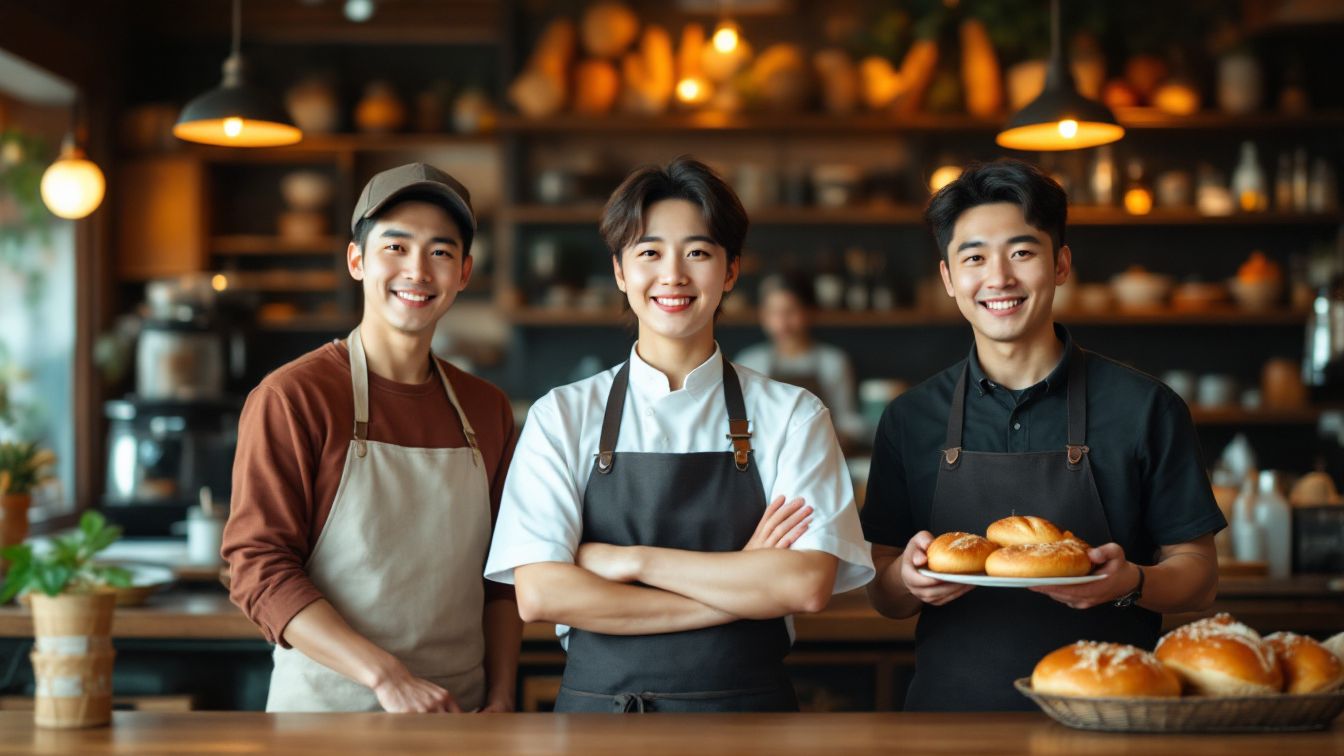 Three young Korean small business owners in a restaurant, café, and bakery, smiling confidently inside their shops.