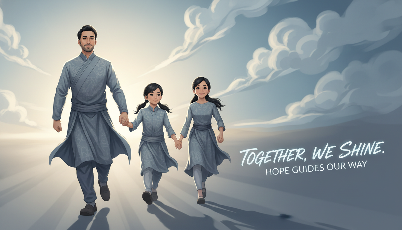 서로 손을 잡고 밝은 빛을 향해 걸어가는 발달장애 가족의 따뜻하고 희망찬 일러스트