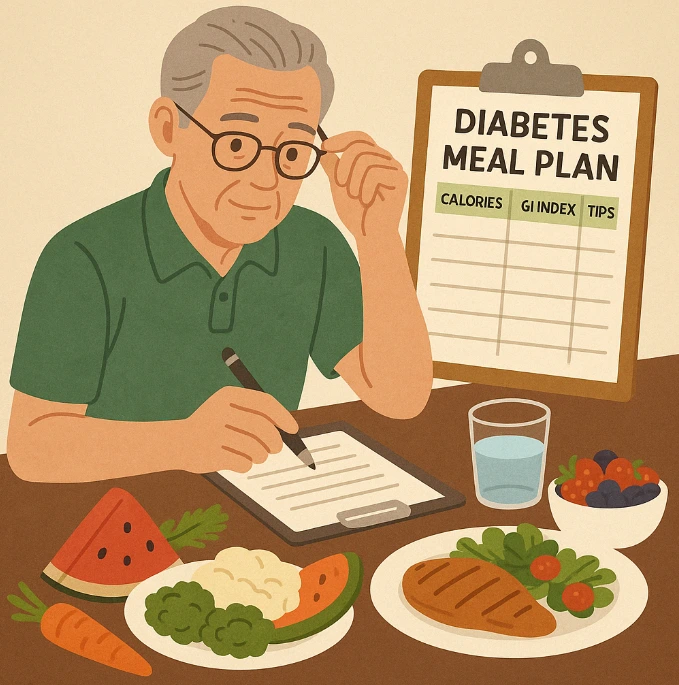 갖은 건강식으로 식단을 짜고 있는 할아버지가 있는 사진