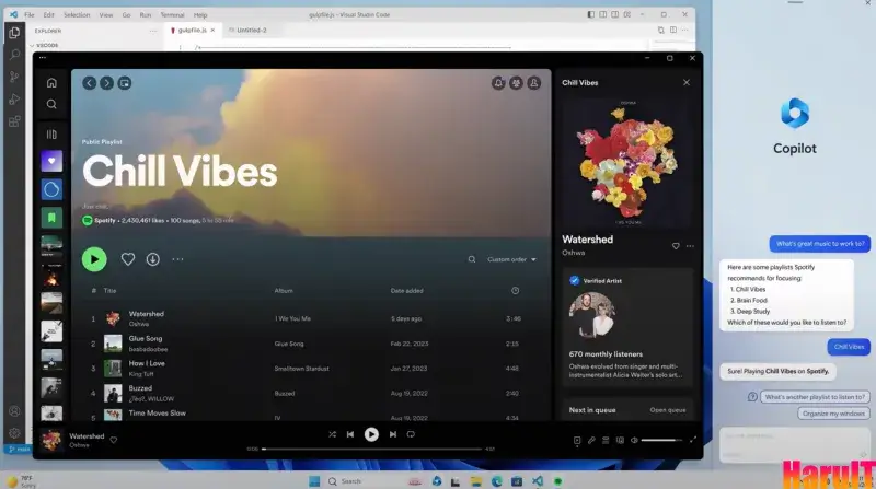 윈도우11 코파이럿의 음악 추천 및 스포티파이 재생
