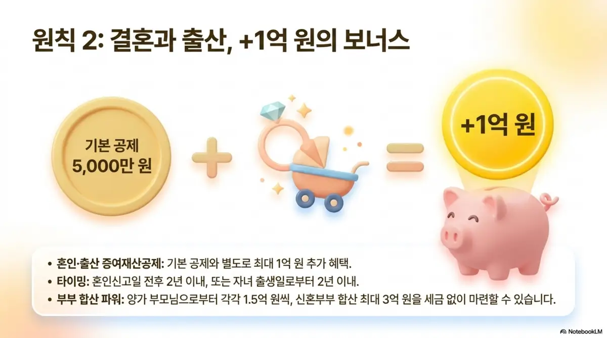 증여세 절세방법: 기본 공제 5천만원에 혼인출산 증여재산공제 1억원이 추가되어 최대 1억 5천만원까지 비과세되는 구조를 동전과 돼지저금통 일러스트로 설명하는 인포그래픽 이미지. 이 이미지는 2024년 시행된 혼인출산 증여공제 제도의 혜택과 적용 조건을 시각적으로 전달하며 블로그의 증여세 절세 방법과 관련된 내용을 설명함