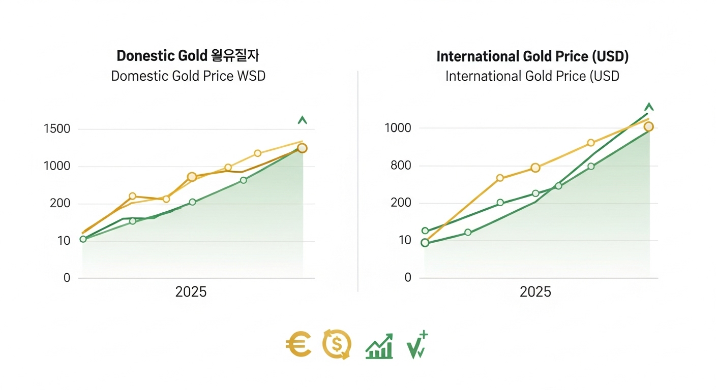 2025년 12월 국내 및 국제 금시세의 상승 추세를 보여주는 그래프와 환율, 시장 변동성을 나타내는 아이콘