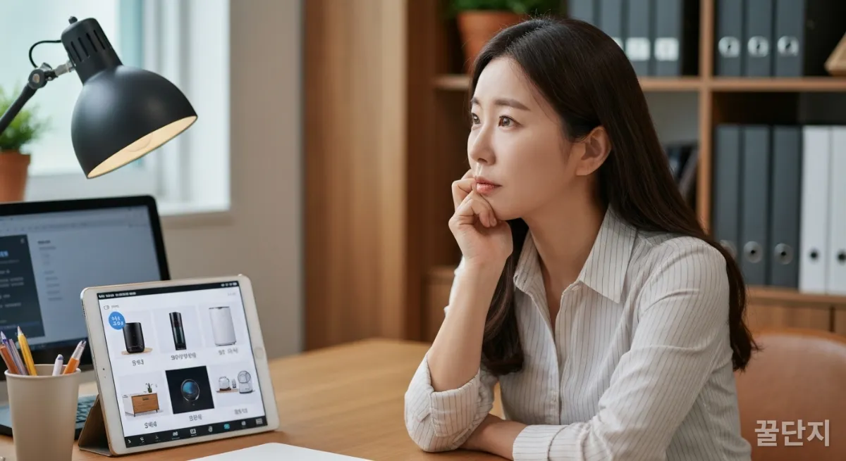 태블릿으로 AI 가전제품 정보를 살펴보며 고민하는 워킹맘