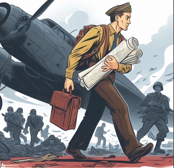 2차 세계대전 당시 추락한 비행기를 등지고 민간인 남자가 설계도면을 둘둘 말아서 팔에 낀채로 걸어가는 장면