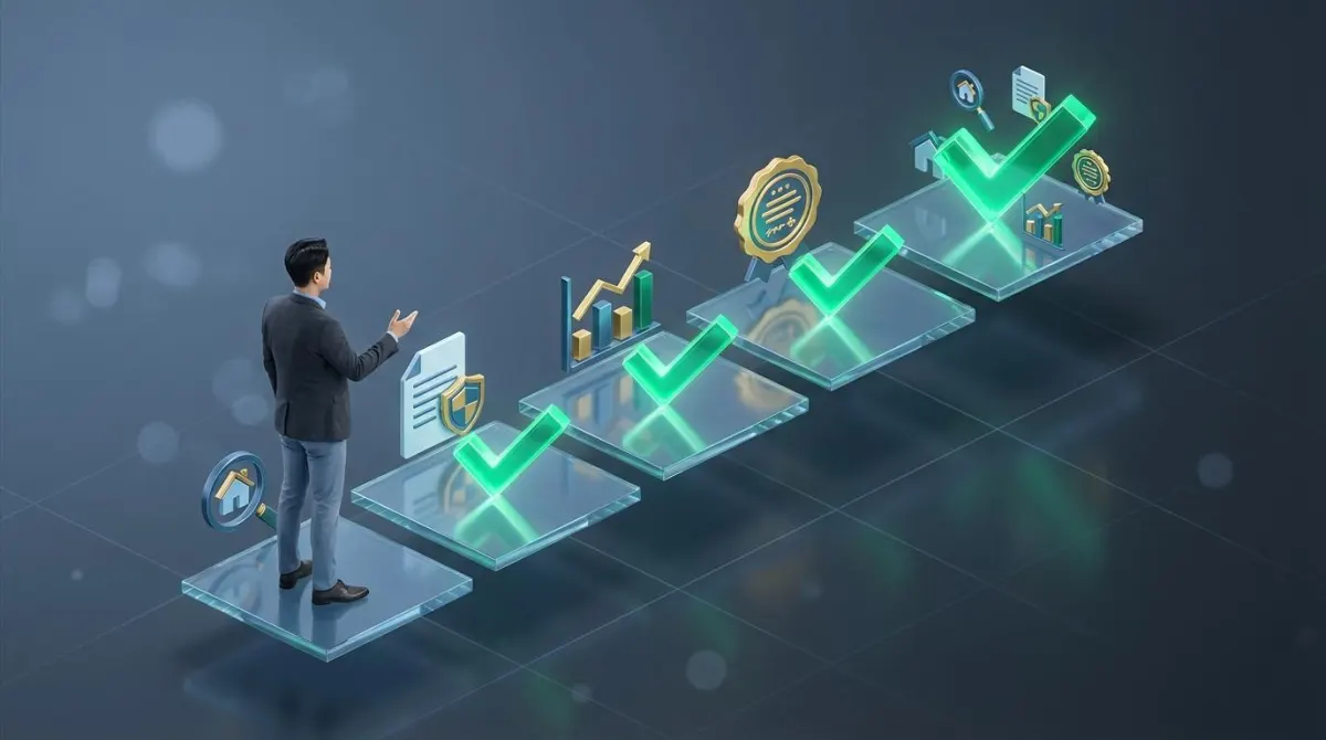 2026년 부동산 공시가격 이의신청 및 세금 방어를 위한 5단계 핵심 체크리스트를 입체적인 3D 인포그래픽으로 형상화한 이미지