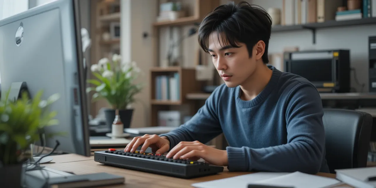 기계식 키보드로 집중해서 타이핑하는 모습