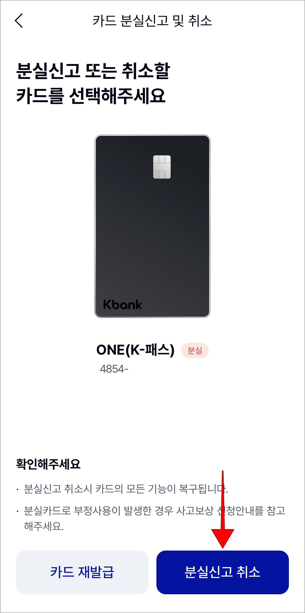접속된 카드 분실신고 및 취소 화면에서 '분실신고 취소'를 선택