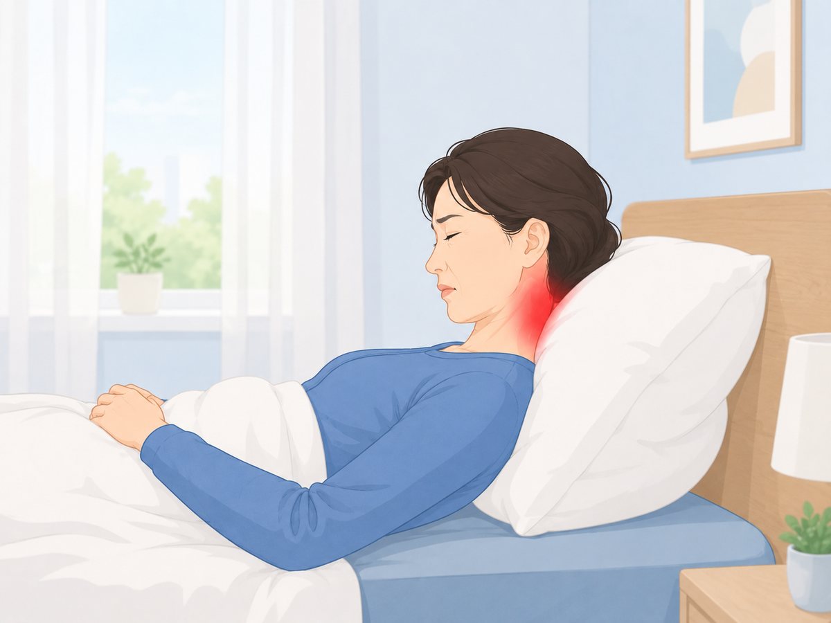 높게 겹친 베개를 베고 누운 여성, 꺾인 뒷목에 경추성 두통 통증 부위 표시