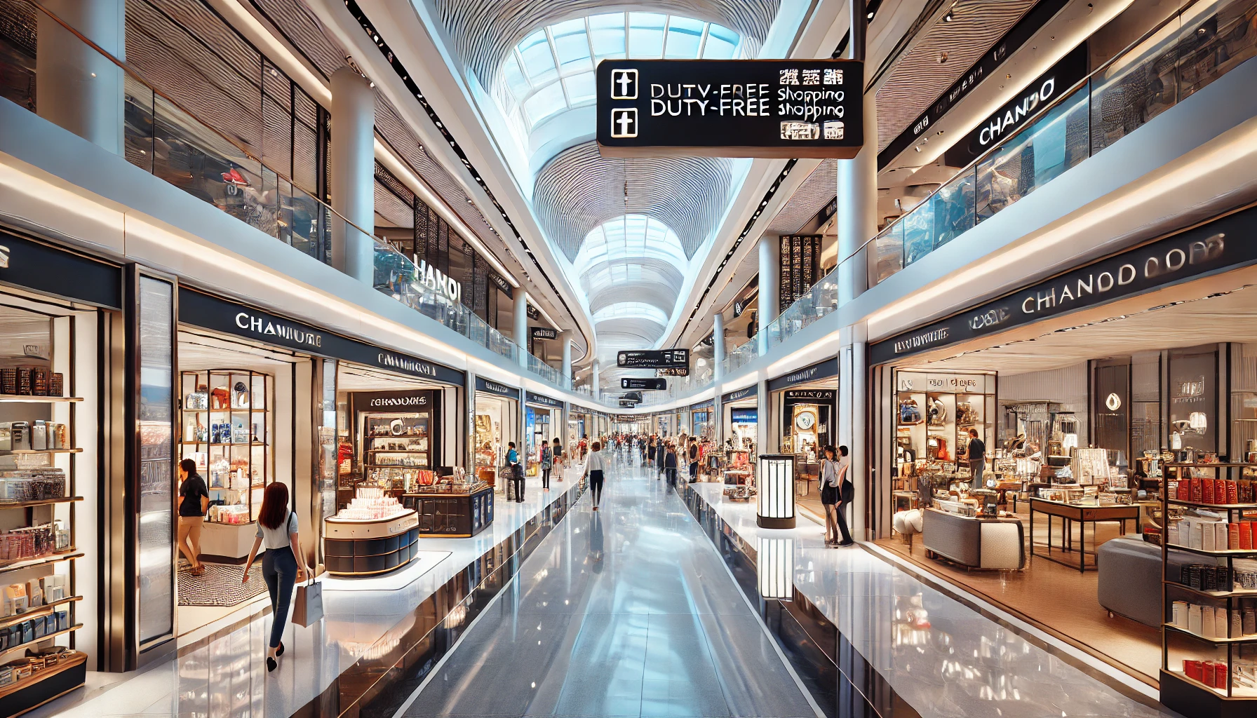창이공항 면세점 내부 전경, 고급 브랜드 매장이 즐비한 모습