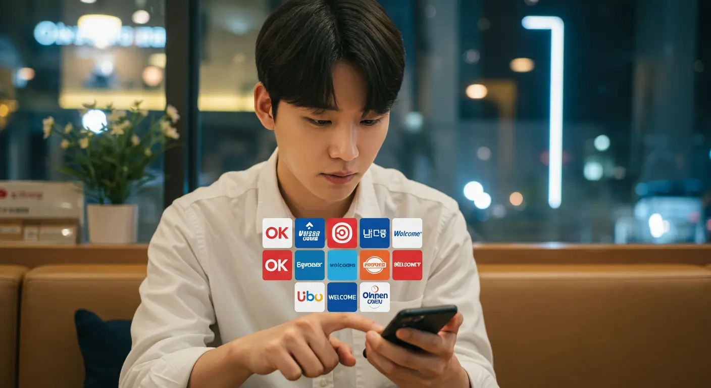 한 한국인 세입자가 스마트폰으로 OK, 페퍼 등 여러 저축은행 로고를 비교하며 최적의 월세 보증금 대출 상품을 찾는 모습