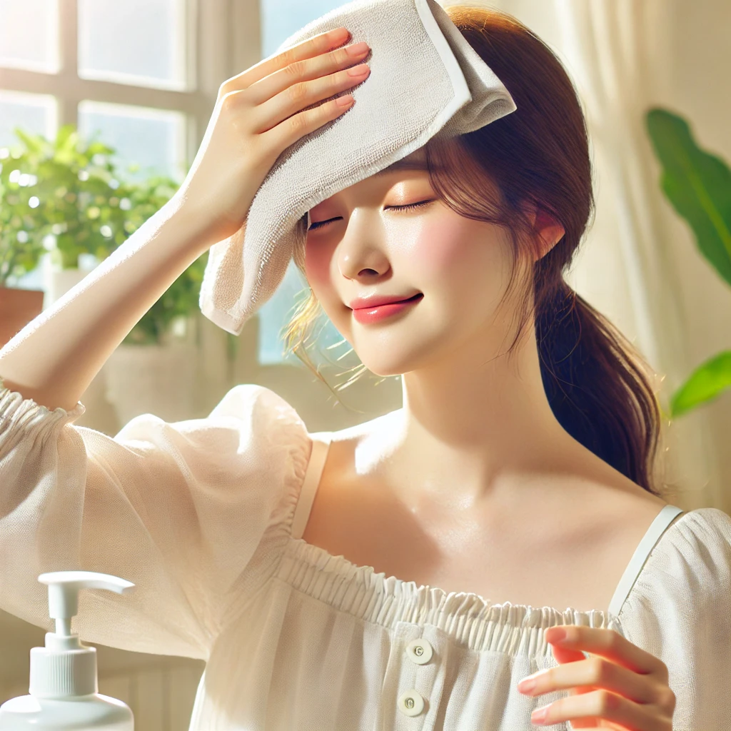 봄 햇살 아래 땀을 닦는 젊은 여성의 위생 루틴 모습
