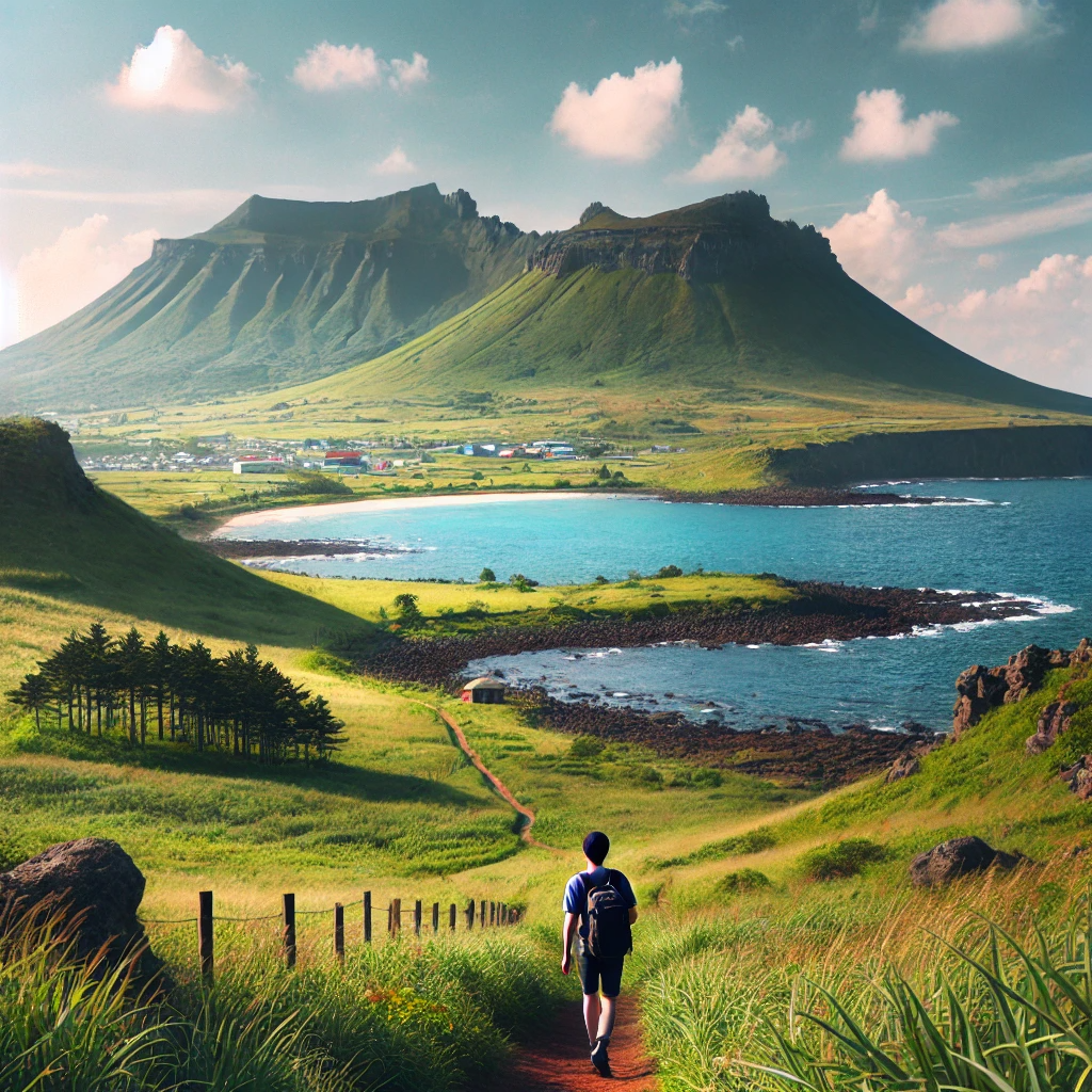 제주도에서 하늘이 맑은 날&amp;#44; 한라산이 보이는 풍경과 함께 올레길을 걷고 있는 여행객. 초록색 언덕과 화산암 지형이 어우러진 자연의 아름다움.