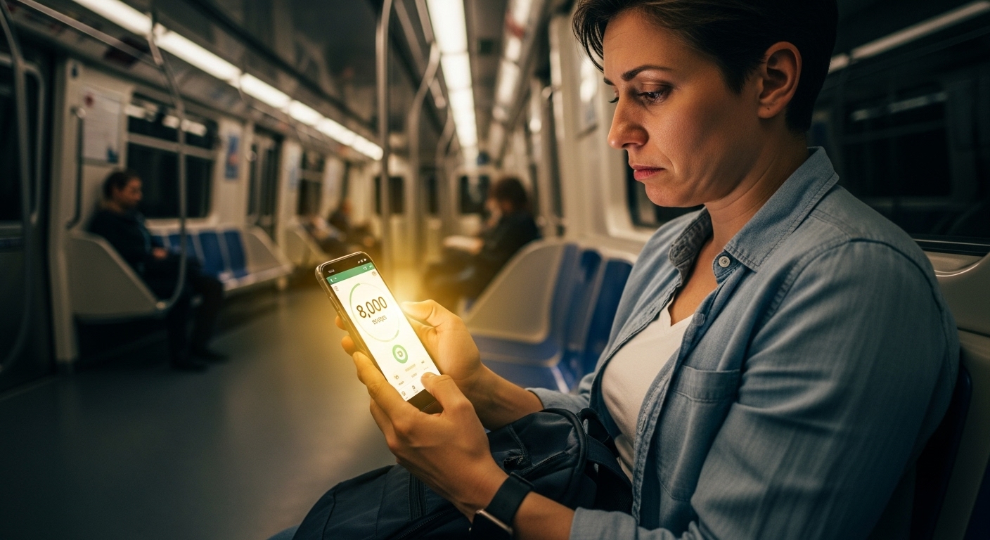 지하철에서 스마트폰으로 만보기 앱을 확인하며 실망하는 표정의 직장인