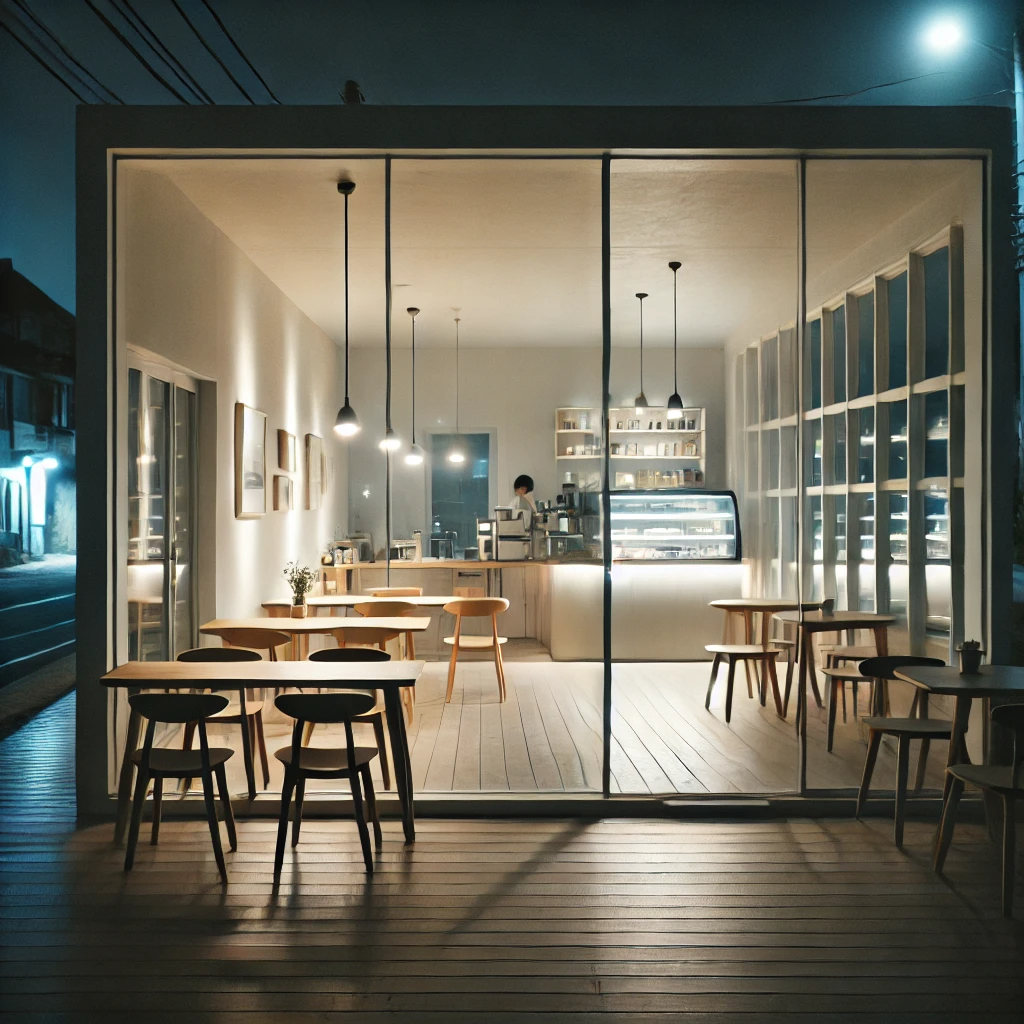 제주도의 조용하고 미니멀한 야간 카페, 깔끔한 라인과 흰 벽, 창문을 통해 가로등 불빛이 들어오며, 손님들이 책을 읽거나 노트북으로 작업하는 장면