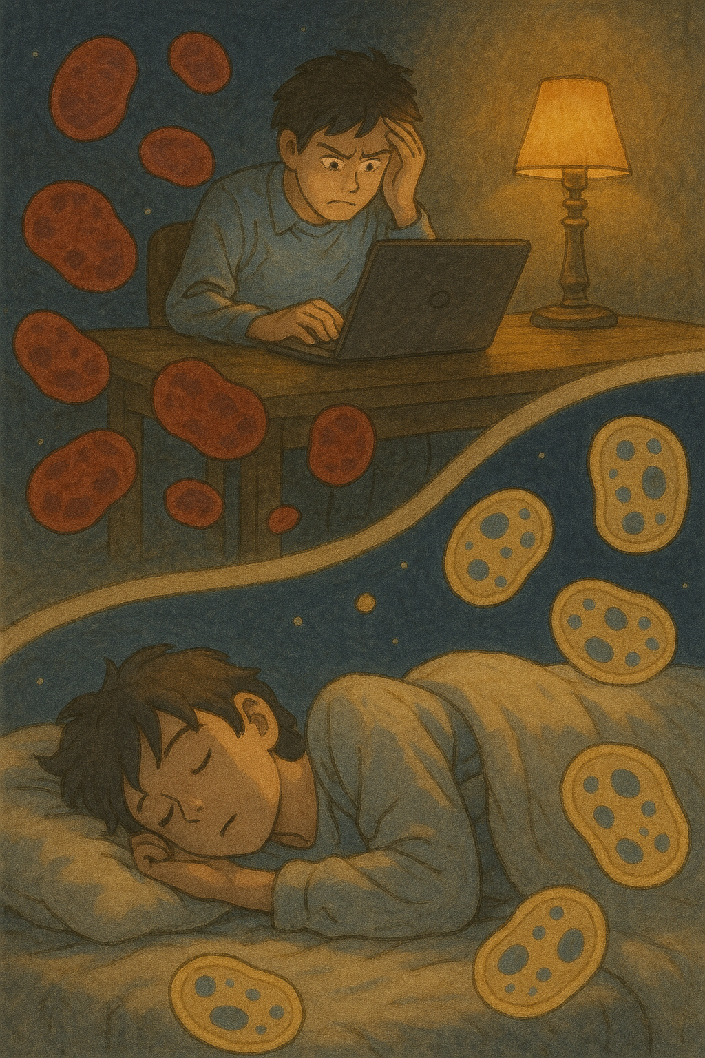 “밤의 야근과 깊은 수면이 대비되는 회복 구조 일러스트”