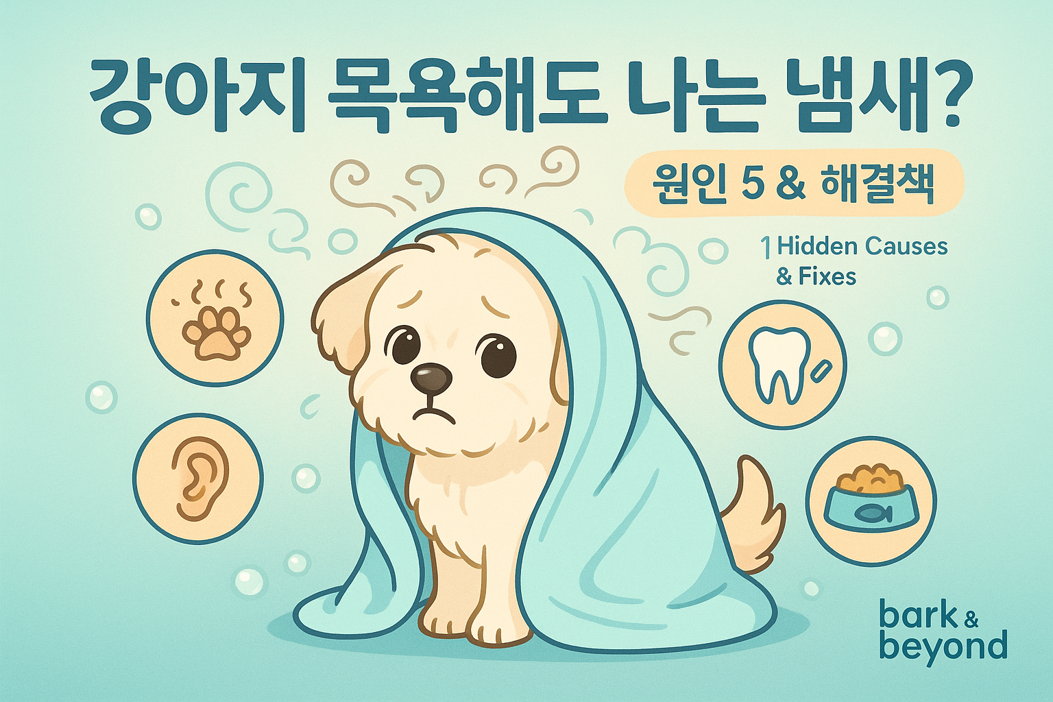 강아지 목욕해도 나는 냄새? 문구와 함께 강아지가 냄새를 가리기위해 이불을 덮고쓰고 있는 모습의 이미지가 함께 포함되있다.