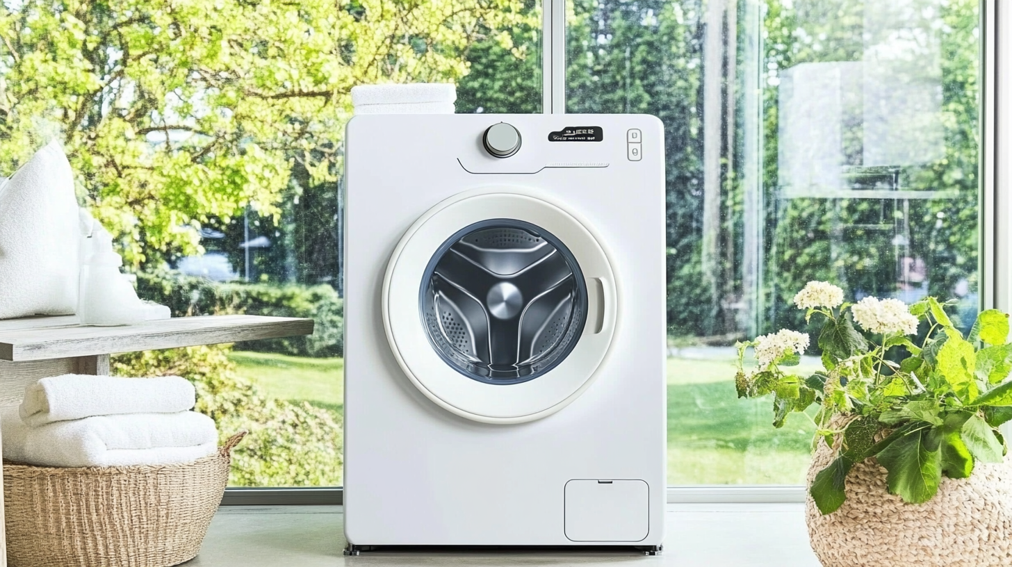 아늑한 세탁실에서 작은 크기와 사용하기 쉬운 인터페이스를 강조한 삼성 세탁기 종류